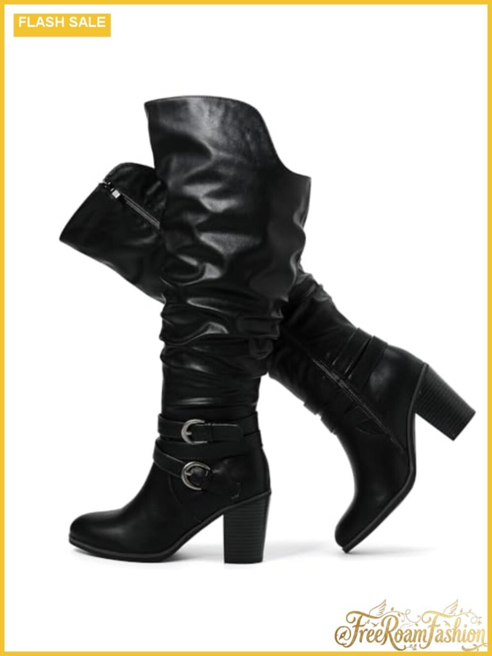 Women's Extra Wide Calf Knee High Boots Faux Leather Block Heel